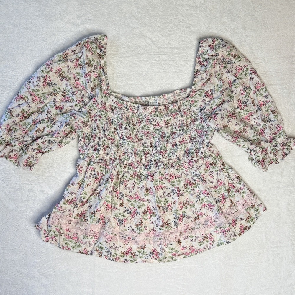 Tinsel Town Floral Smocked Peplum Blouse Size L Cottagecore Romantic Boho Fairy‎
